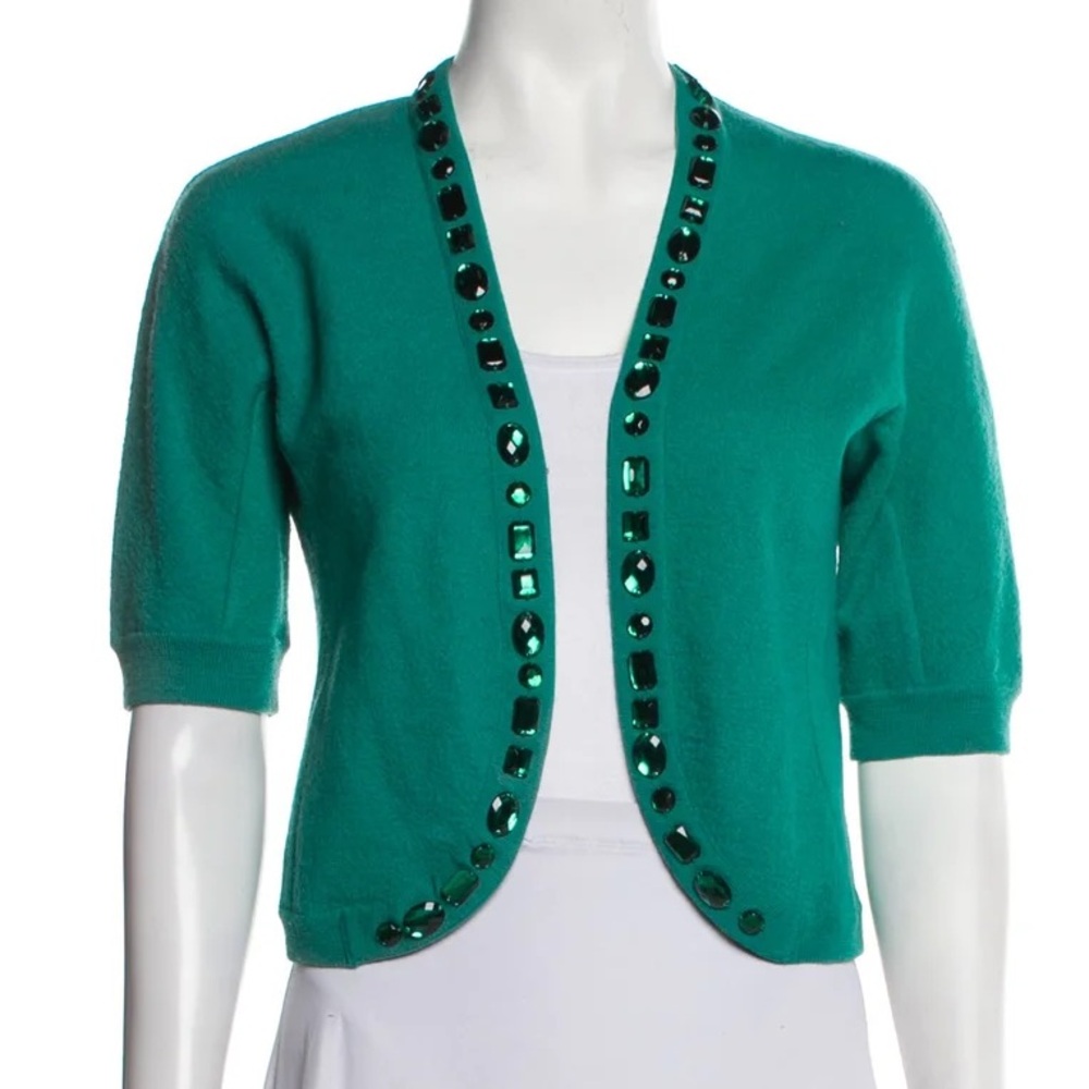 Marc Jacobs Teal Wool Short Sleeve Cropped Cardigan Jewel Detailing Sz L $495